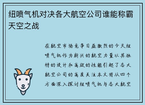 纽喷气机对决各大航空公司谁能称霸天空之战